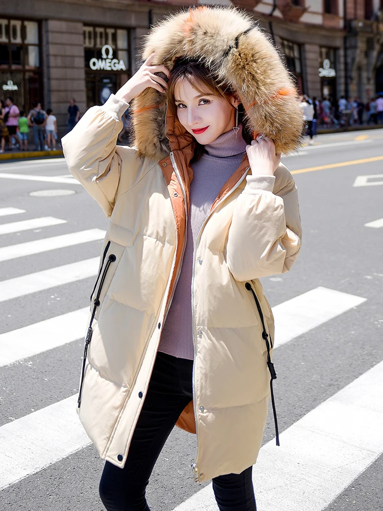 Women 2023 new duck down coat manteau femme puffer jacket for lady female parka large real fur hooded ivory black plus big size