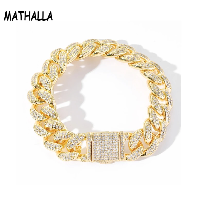 

MATHALLA New Arrival 15mm Micro Paved CZ Stone Miami Cuban Link Chain Bracelet Gold Hiphop Iced Out Bracelet Jewelry for Men