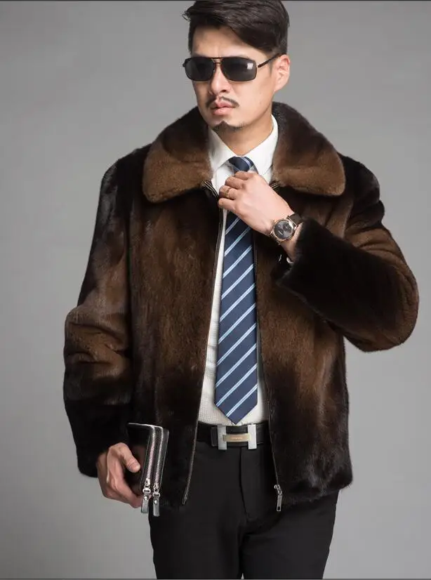 Короткая куртка из искусственной норки мужская коричневая зимняя утепленная