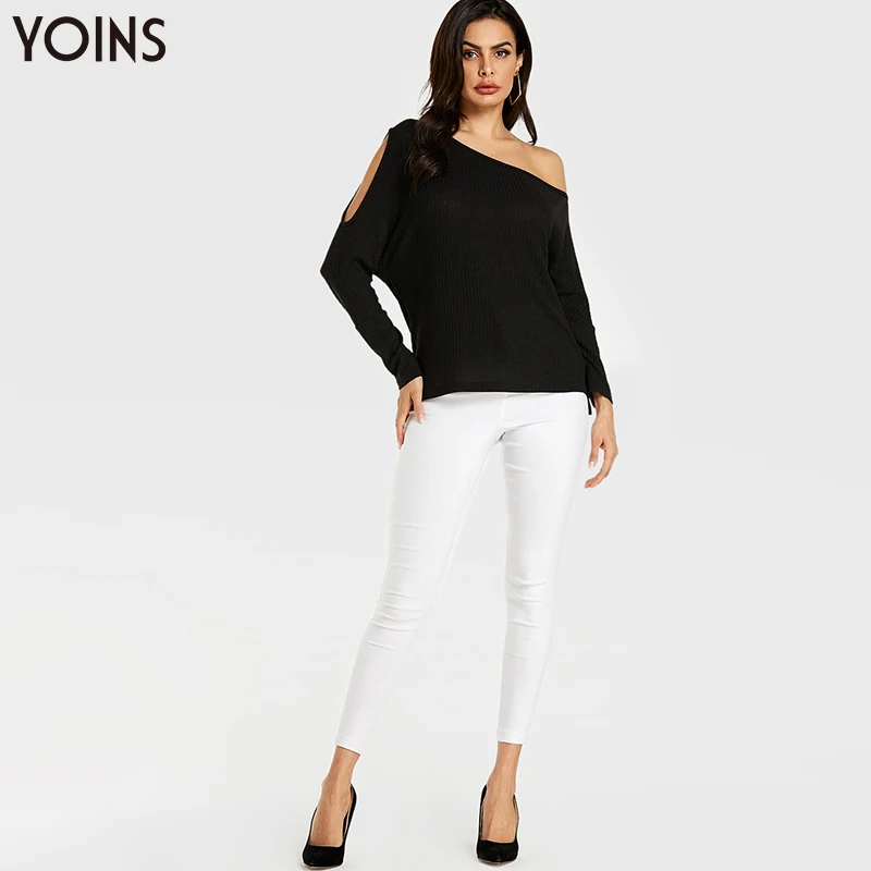 YOINS 2020 весна осень зима женские блузки черные с длинным рукавом на одно плечо