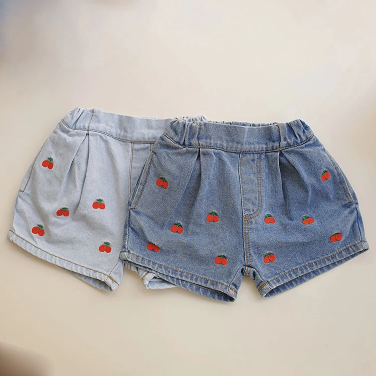 

Fashion Cherry Embroidery Casual Shorts Children's Pants Spring Summer New Girls Denim Shorts For 2-6 Years Old