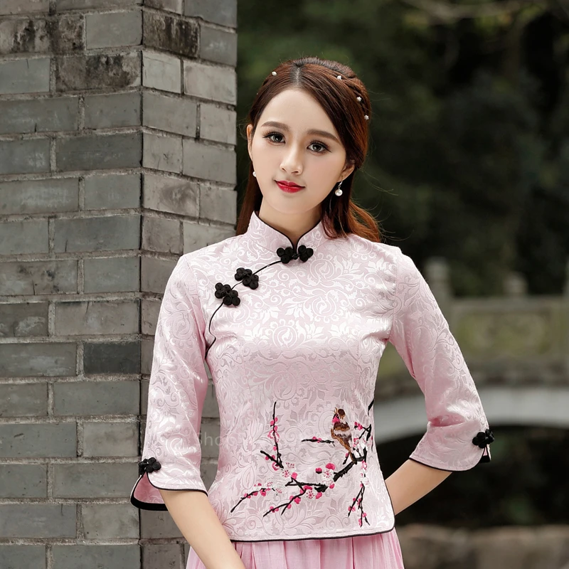 Color 2 Новогодняя традиционная китайская одежда для женщин Qipao Топ Тан костюм вышивка Cheongsam блузка Винтаж классического размера плюс Топы - Цвет: Color 2