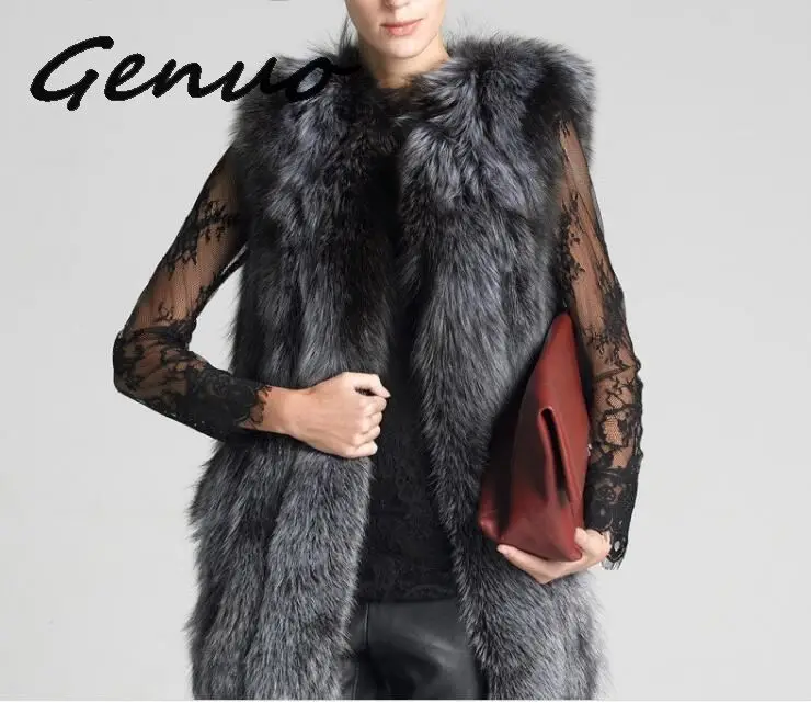 

Genuo New Women Long Artifical Fox Fur Vest Women Winter Fashion Faux Fox Fur Vest Jacket Woman Warm Fake Fox Fur Coat Overcoat