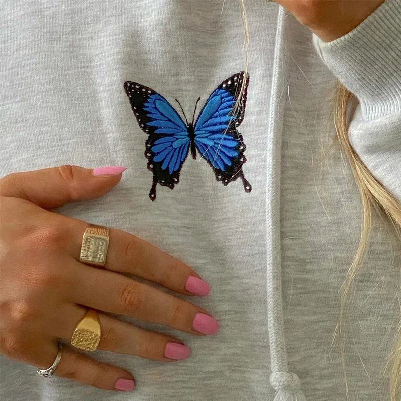 

European and American fashion leisure Hooded autumn and winter 2020 New Butterfly Embroidery loose top women's wear