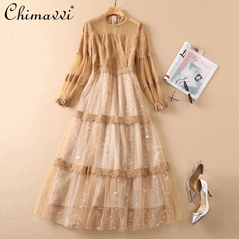 

Новинка Осень 2021, модное элегантное Сетчатое Кружевное платье макси в стиле ретро, соблазнительное Прозрачное платье с круглым вырезом и дл...