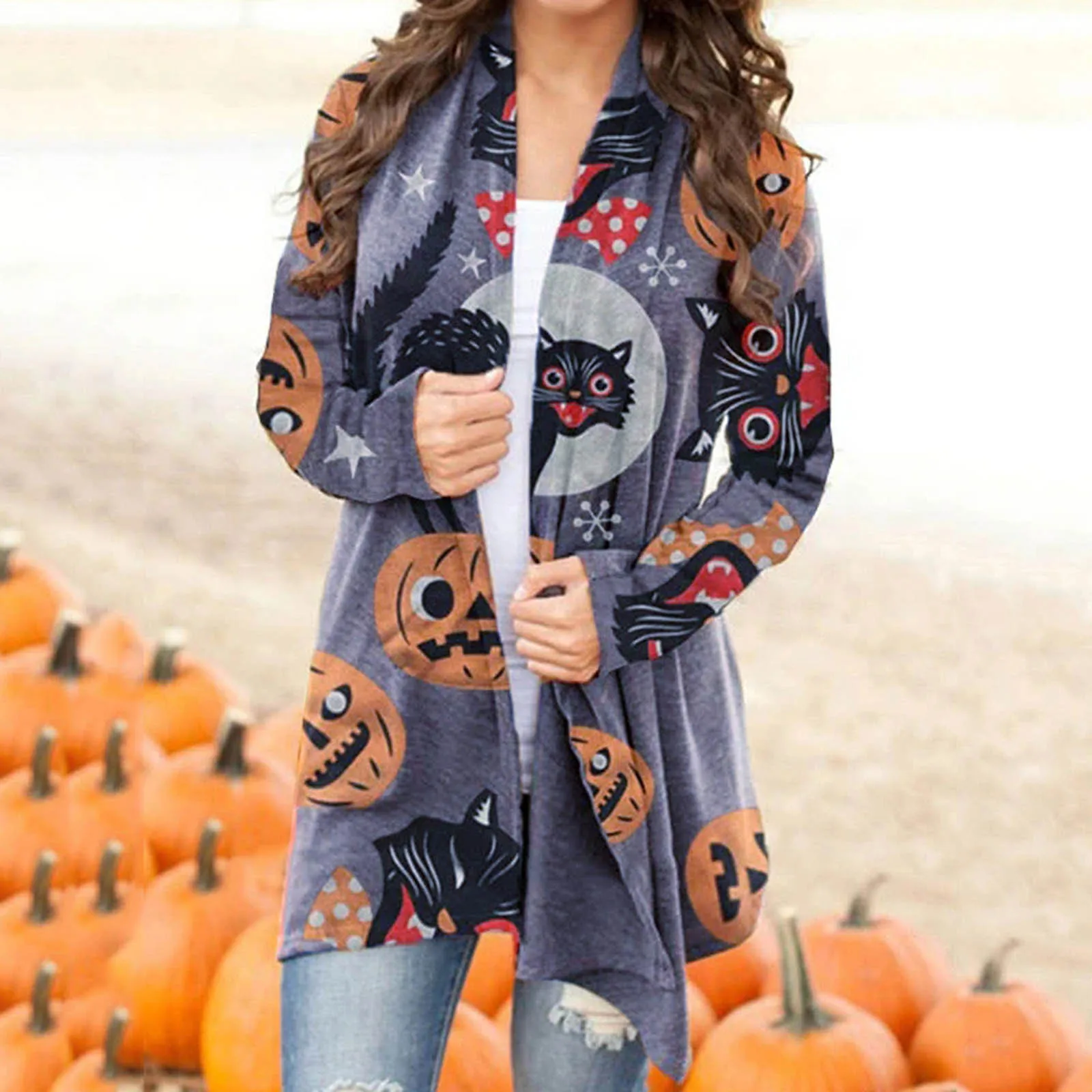Женский кардиган на Хэллоуин модное осеннее пальто с длинным рукавом и принтом в