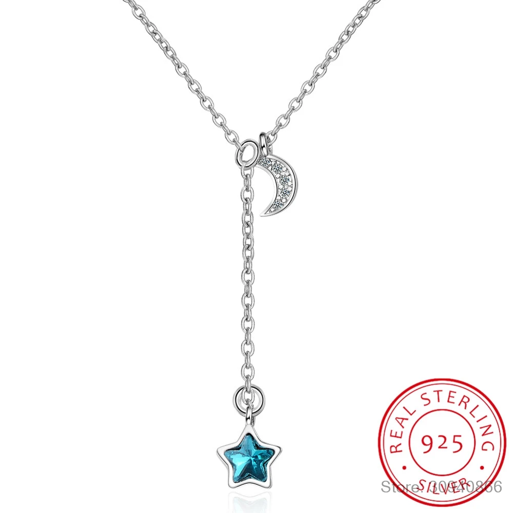 

925 Sterling Silver Crystal Moon Tassel Star Bead Charm Pendant Choker Necklace For Girl Women Statement Wedding Jewelry dz847