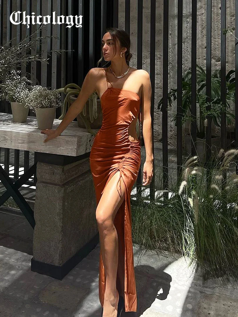 

Chicology 2021 Бандажное кружевное атласное платье средней длины с разрезом сбоку и завязками элегантные сексуальные вечерние платья без рукавов...