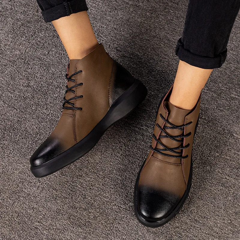 Ботильоны мужские кожаные резиновые на шнуровке в стиле ретро | Обувь