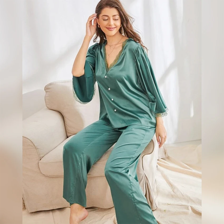 

Hiloc Green V-Neck Satin Pajamas For Women'S Suit Three Quarter Flare Sleeves Trouser Suits Loose Pajama Sets Elegant Female Set