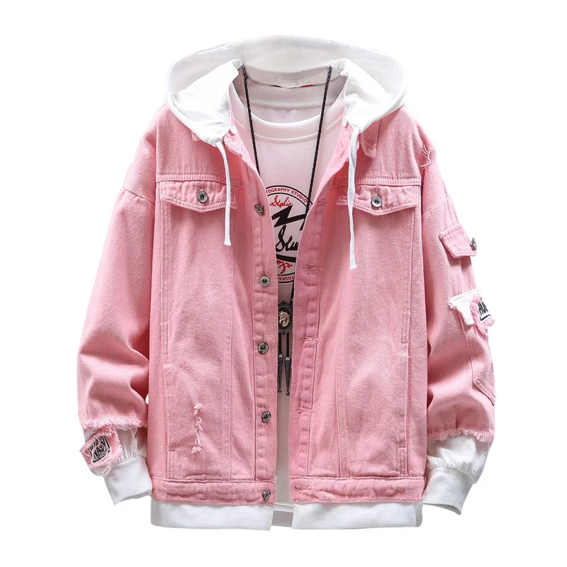 

Men Autumn Hooded Men Jean Jackets Pink Cotton Holes Denim Coats Streetwear Clothing Outwear