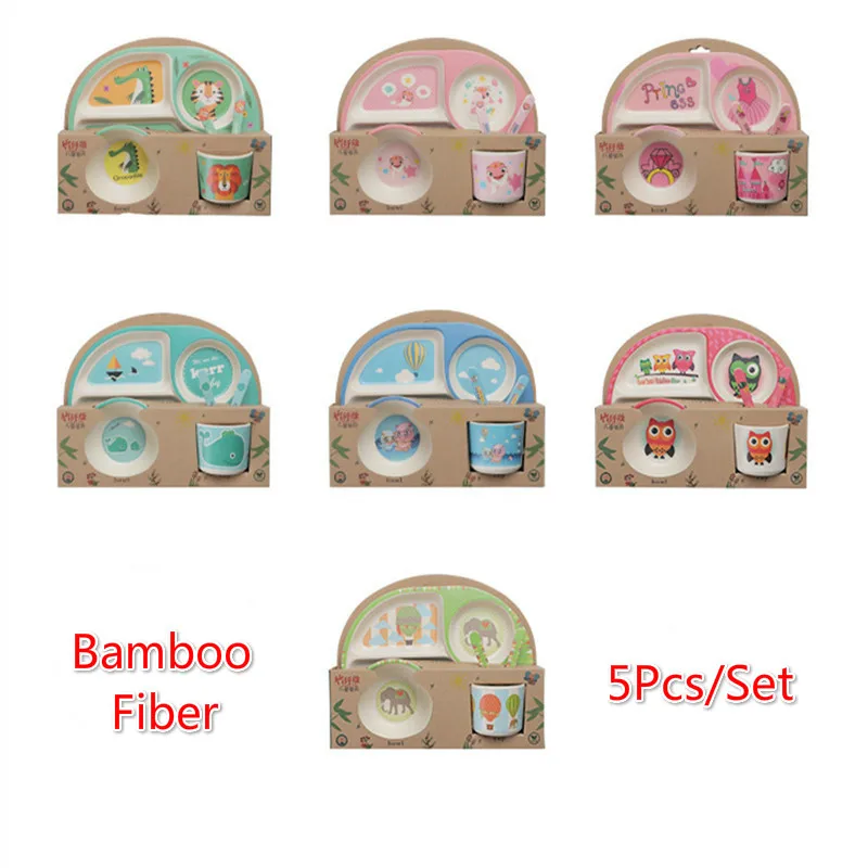 

5Pcs Cartoon Bamboo Fiber Tableware Natural Safety Baby Dishes Set Plate Bowl Cup Fork Spoon Creative Dinnerware Boys Girls Gift