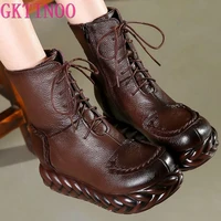 gktinoo new vintage mother flat genuine leather ankle boot for women cowhide lace up winter warm shoes woman platform snow boots