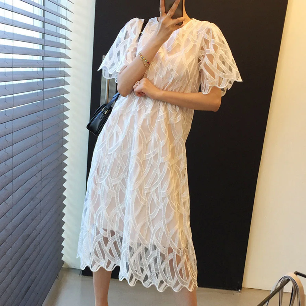 

Japanese Style Korean Fashion Women's Dress 2021 Summer Loose Casual Lace Hook Flower Solid Color Round Neck Flared Sleeves