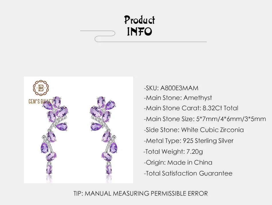 GEM'S балетные 925 пробы серебро 8.32Ct натуральный аметист листья и ветви Висячие серьги для женщин романтические свадебные ювелирные изделия