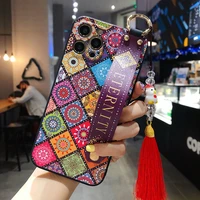 sumkeymi grid wrist strap flower chinese cultur phone holder case for iphone 13 pro max 11 12 8 plus mini x xs xr hand band case