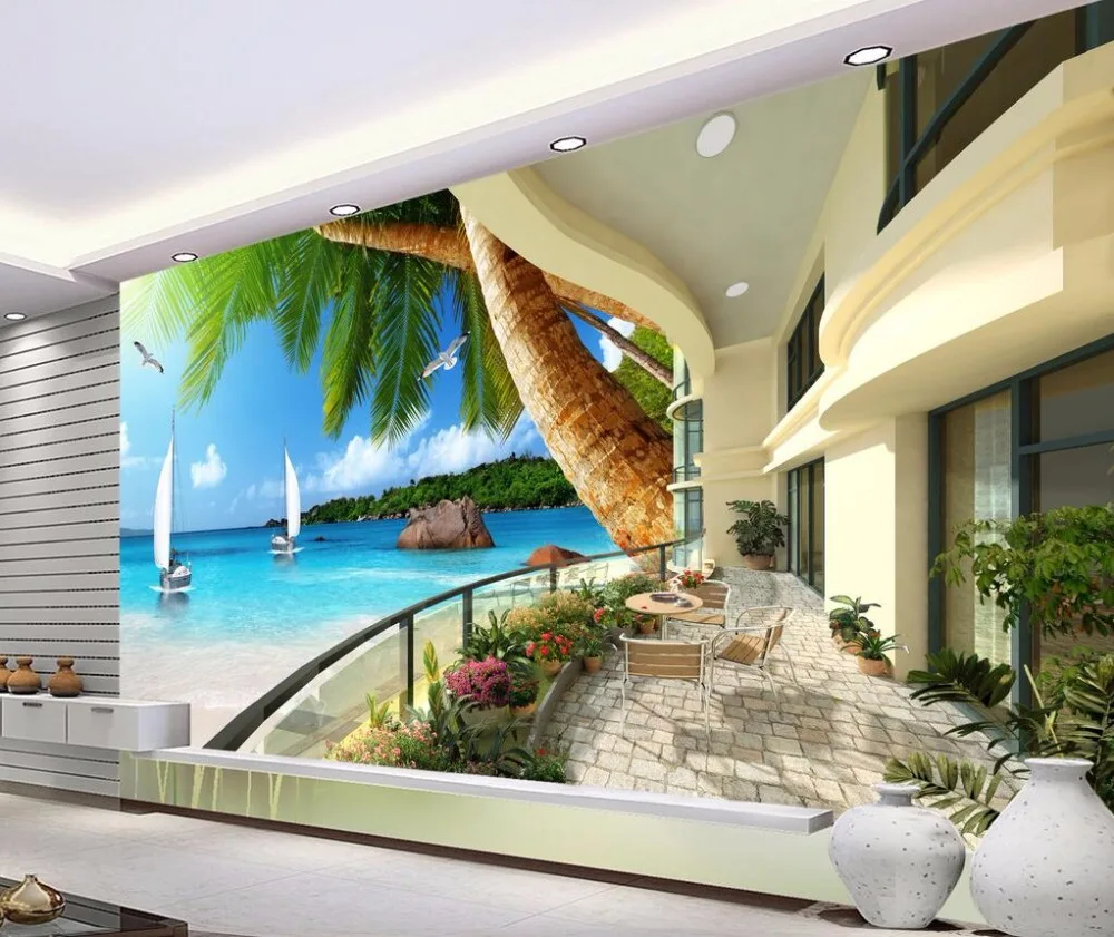 CJSIR Custom Wallpaper Hawaii Resort Balcony Seascape Coconut Tree TV Backdrop Home Decor Background Wall Mural 3d | Обустройство