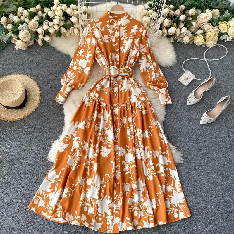 

Women Court Wind Print Maxi Dress Autumn Design Stand Collar Button A-line Dress Korean Fashion Retro Boho Long Robe DZA381