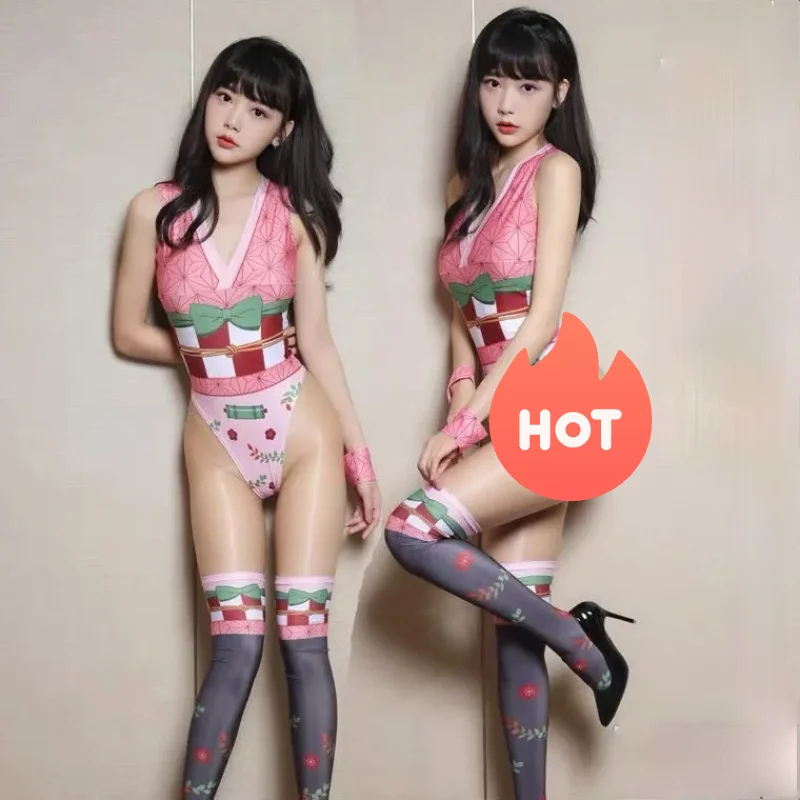 

Japan Demon Slayer Anime Cosplay Bodysuit Kimetsu No Yaiba Kamado Nezuko Sexy Costumes Women Halloween V Neck Lingeire Stockings
