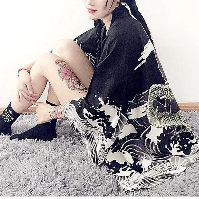 

Summer Lady Vintage Novelty Dragon Waves Printed Chiffon Sun Shirt Sun Protection Women Clothing Breathable Blouse