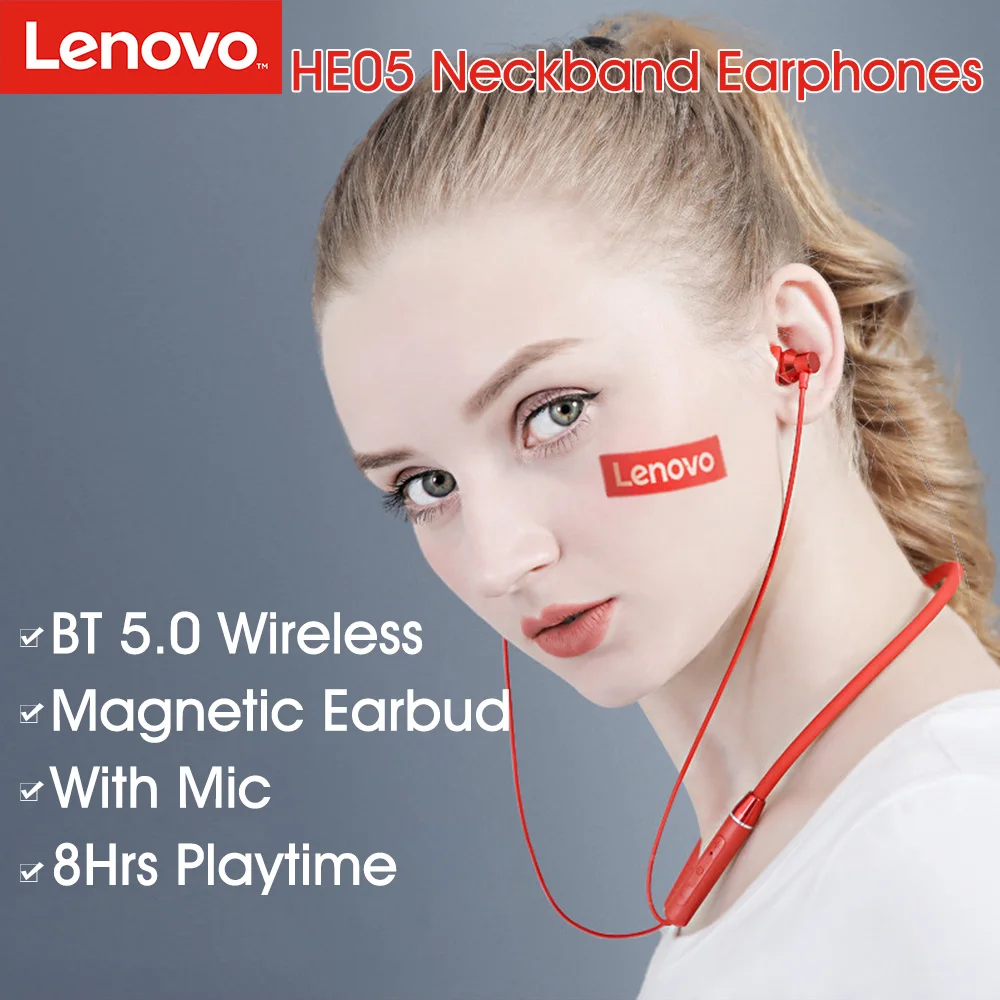 

Lenovo HE05 Wireless Bluetooth 5.0 Neckband Earphone Sports Magnetic CVC Noise Reduction HIFI Stereo Earbud IPX5 Headset w/Mic