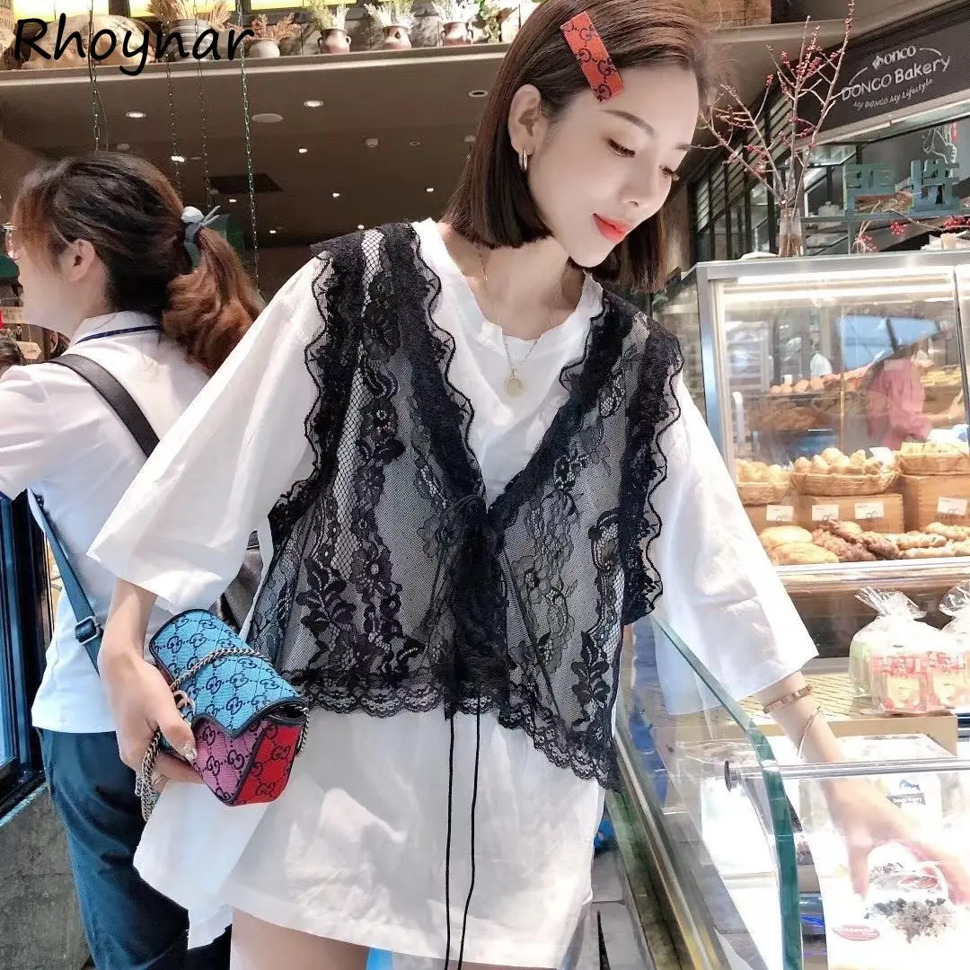 

Long Sleeve T-shirts Women Fashion Korean Style Oversize Simple Lace Casual Patchwork Summer All-match Streetwear Students Loose