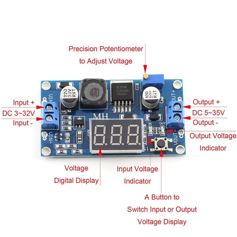 XL6009 Booster Module with Voltmeter DC-DC 3V-32V to 5V-35V 4A (Max) Adjustable Step-Up Boost Converter | Обустройство дома