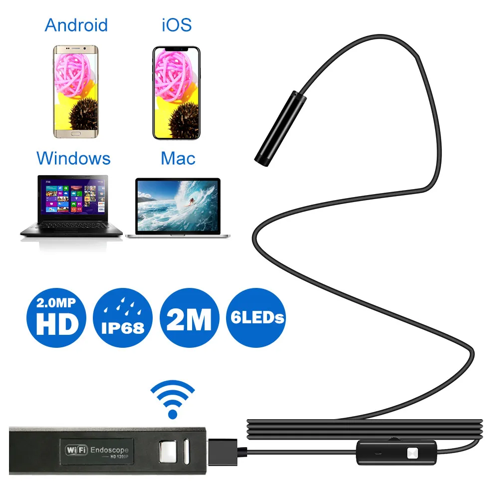 

HD 1200P WIFI Endoscope Camera Mini Waterproof Soft Cable 2.0 Megapixels Inspection Camera 8mm 2M USB Endoscope Borescope Camera