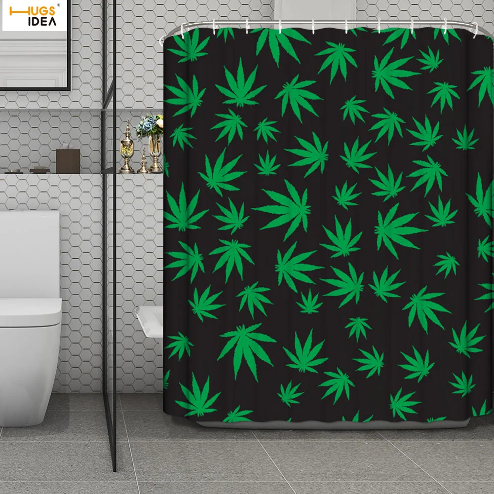 

HUGSIDEA Shower Curtin Green Leaf Print Bathroom Hanging Screen Tropical Plants 3D Weed Maple Leaves Bath Waterproof Curtain