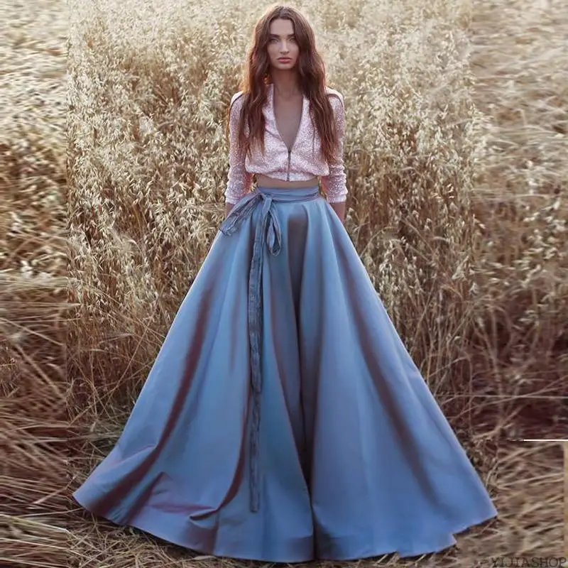 Новая Элегантная атласная юбка синего цвета для женщин с поясом бантом и пышным