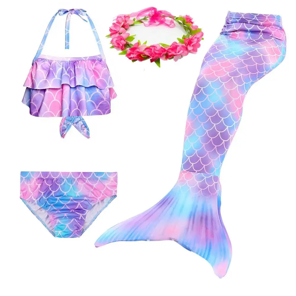 4pcs-2 Коллекция года, детский купальный костюм с хвостом русалки для девочек купальный костюм, купальный костюм, комплект бикини для косплея, можно добавить монофиновые очки - Цвет: 4pcs-2