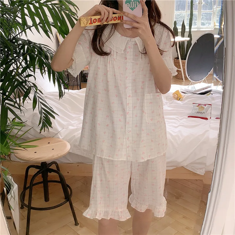 Cotton Pajamas Women 2021 Summer Sweet Lovely Cardigan Plaid Love Printing Cardigan Short Sleeve Pants Home Suit Sleepwear