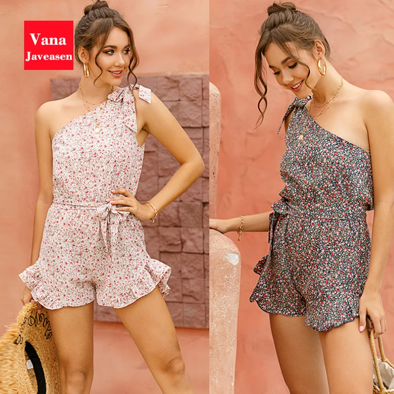 

Oblique Collar Lace-up Playsuits Flower Print High Waist Rompers Women Sexy Off-the-shoulder Playsuits Beach Ladies Streetwear