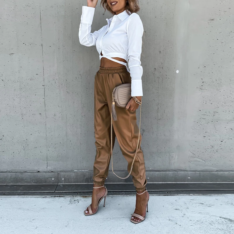 

Fashion Women PU Leather Pants New Elegant Elastic Waist Side Pocket Trousers New Office Ladies Casual Long Sweatpant Streetwear