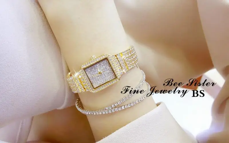 2022 квадратные кварцевые часы женские из розового золота с кристаллами для женщин