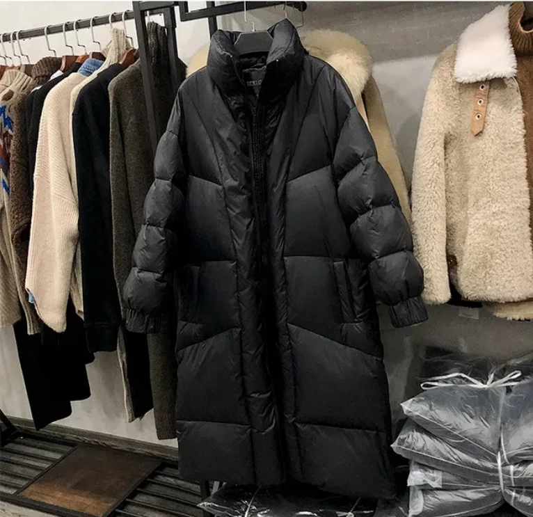 

Women Long Down Coat Winter Warm Duck Feather Overcoat Maxi Black Puffer Coat