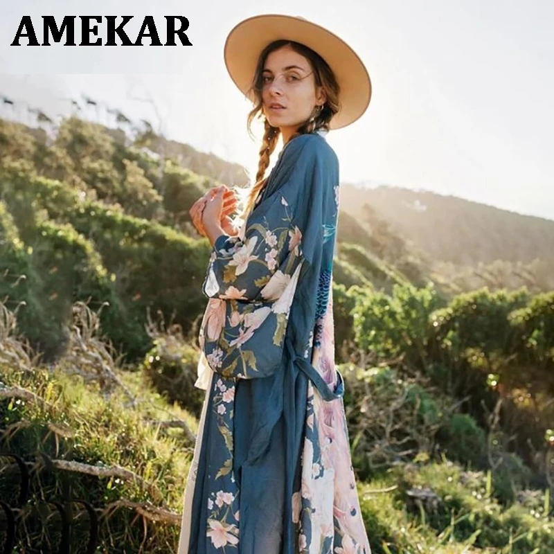 

Пляжное кимоно с расклешенными рукавами Fitshinling, с поясом, Боковым Разрезом, карманами, облегающий длинный кардиган, праздничная накидка, для...