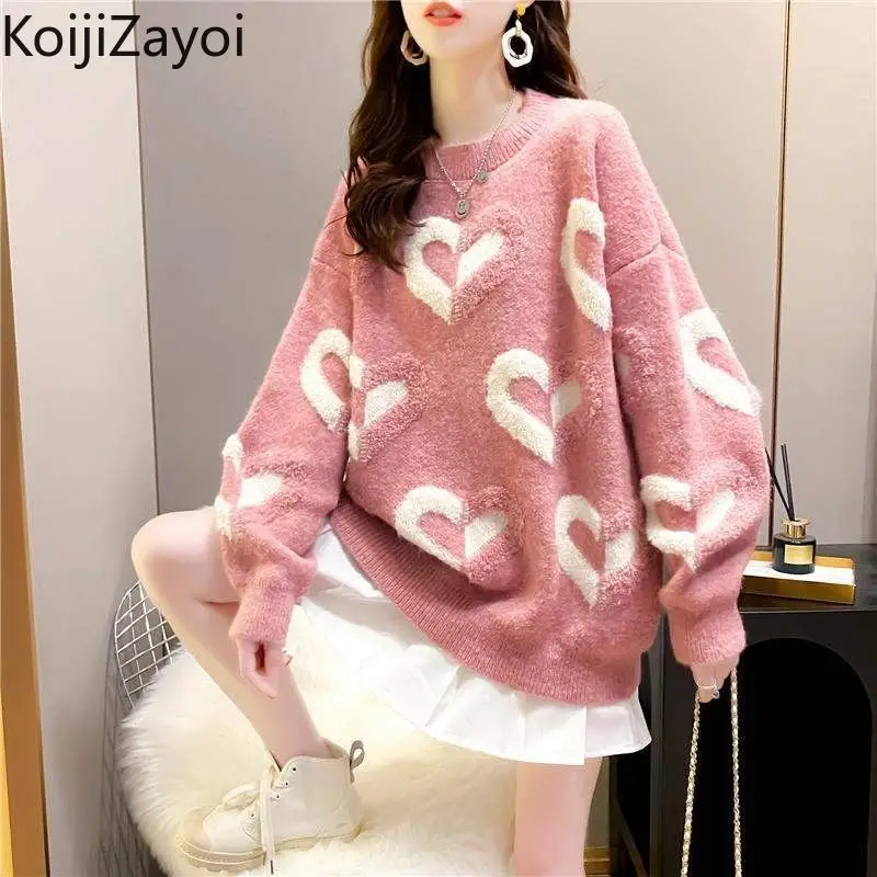 

Koijizayoi Lovely Women Loose Pullovers Lady Autumn Winter Fashion V Neck Sweater Thick Warm Casual Outwear Jumpers Sweet Tops
