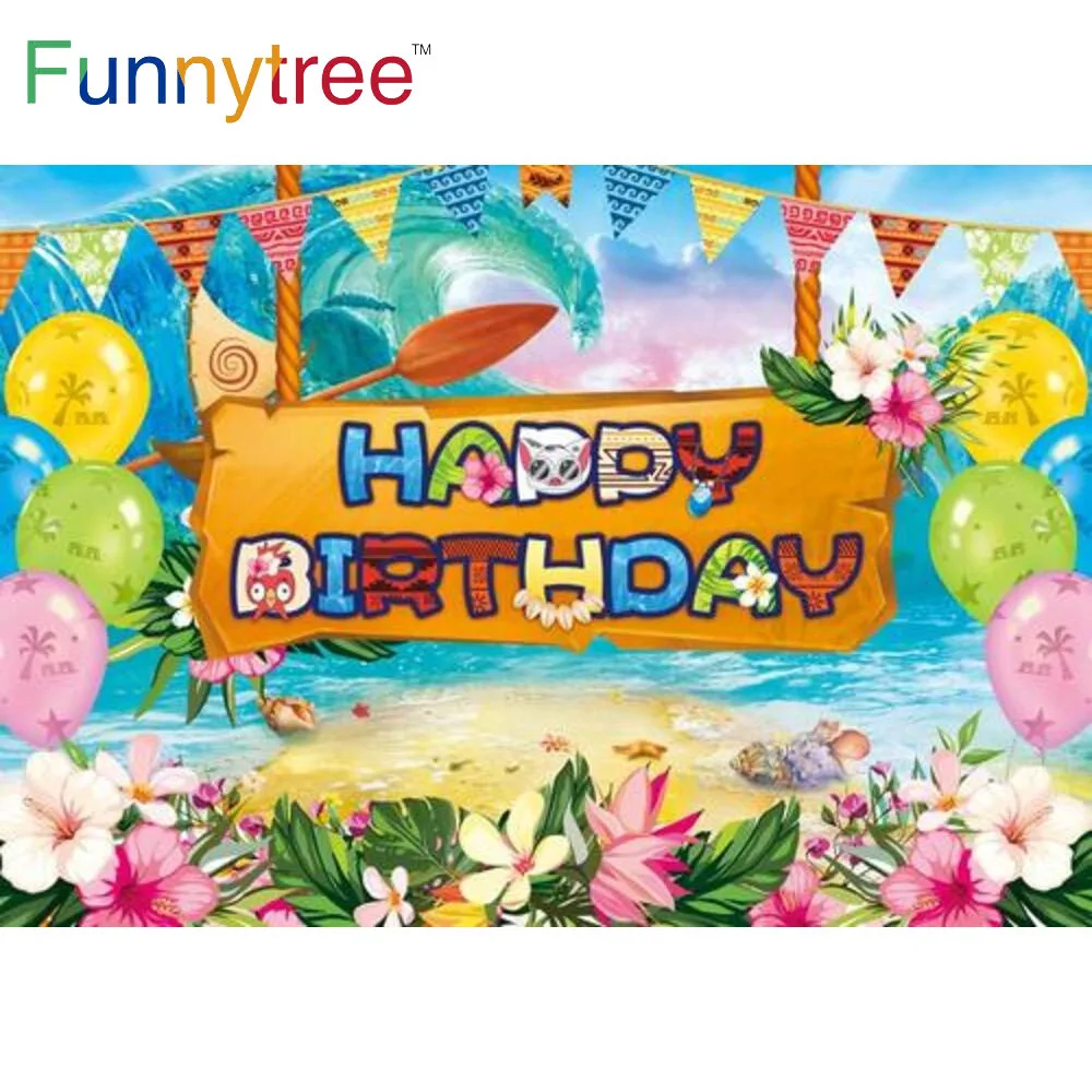 

Funnytree Happy Birthday Party Background Hawaiian Sea Aloha Floral Baby Shower Adventure Summer Tropical Photocall Backdrop