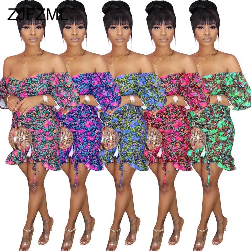 

Floral Print Vitnage Club Party Mini Dress Women Off The Shoulder Half Sleeve Bandage Dress Summer Slash Neck Backless Vestidos