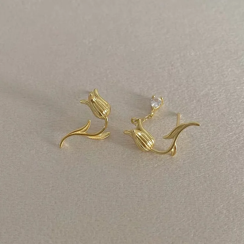 

LOVOACC Retro Metallic Gold Color Metal Tulip Earrings for Women Twisted Asymmetry Rhinestone Flower Drop Earrings Party Jewelry