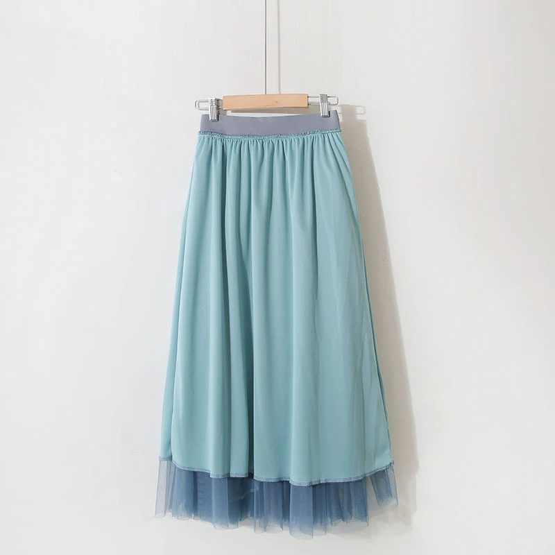 

Fashion Beautiful Color Contrast 2021 Summer Women High Waist A Line Long Pleated Tulle Mesh Skirt Female T025
