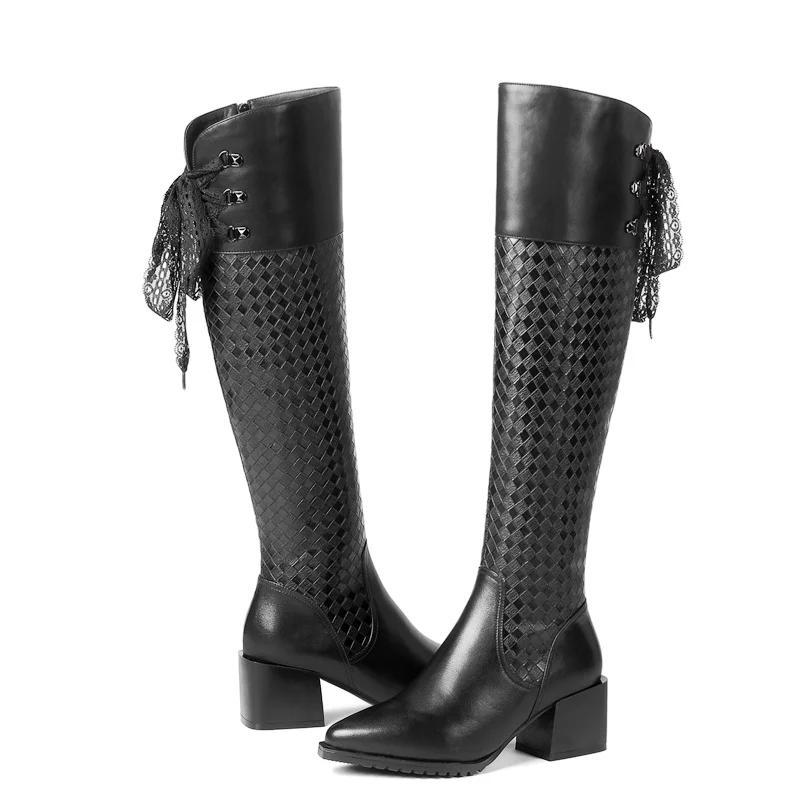

knee-high Boots Women Winter Genuine Leather Pointed Toe Thick High heel Metal Boots Zipper Plush Lining Ladies Shoe