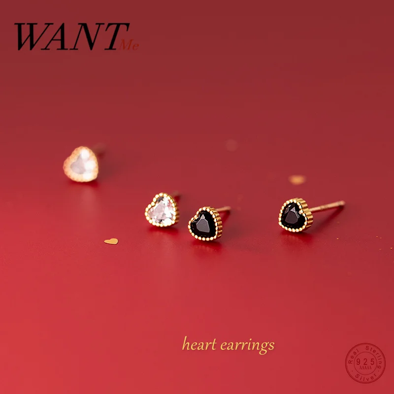 

WANTME 925 Sterling Silver Korean Mini Love Heart Black Zircon Small Stud Earrings for Women Teen Wedding Unique Sweet Jewelry