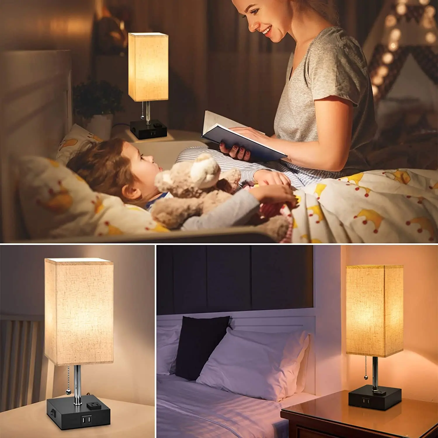 

2 USB Bedside Table Lamp Dual Charging Ports LED Desk Lamps for Bedrooms Tetragon Fabric Linen Lamp Shade Pull Chain Night Light