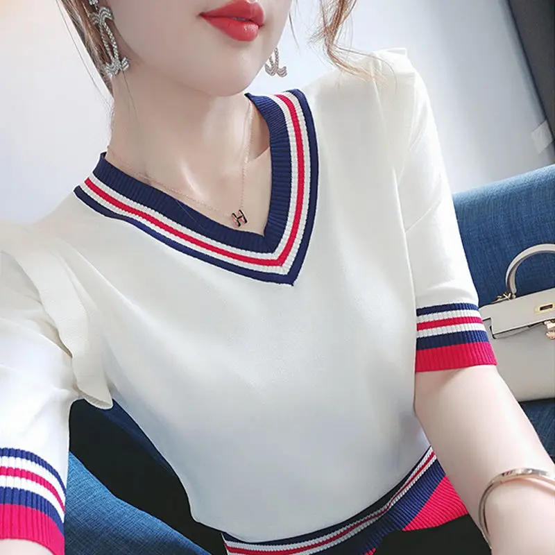 

Ice silk striped sweater women's slim short sleeve T-shirt 2021 summer new slim bottoming sweater Joker coat women