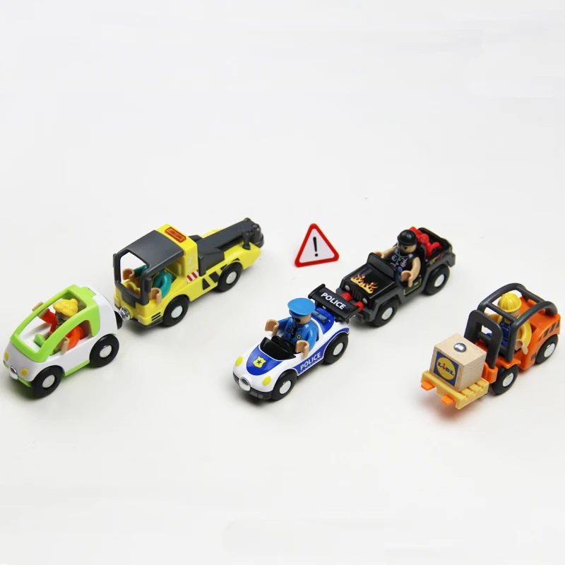 

Rescue car, police car, van, forklift, fire truck, compatible with wooden trolley, train scene, track toy car