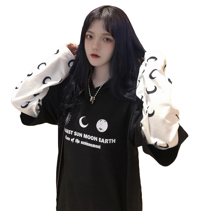 Harajuku уличная Винтажная Футболка для женщин, одежда, осень, корейский Ulzzang, с принтом, с капюшоном, Футболки женские, полный поддельные два топа