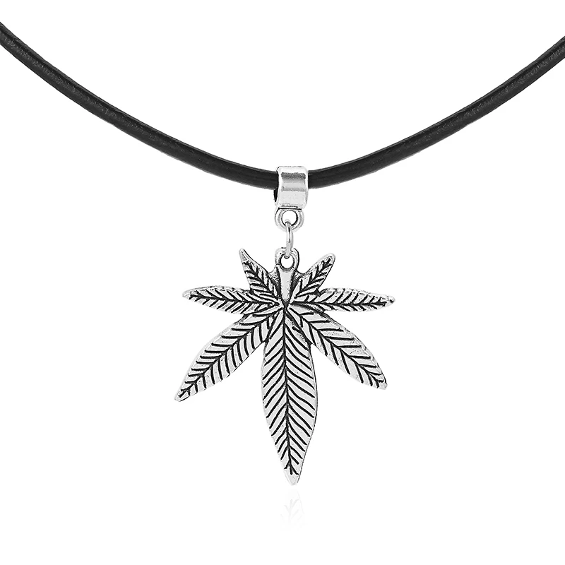 

Ancient Silver 3mm Real Leather Cord Pot Weed Leaf Charm 13" Choker Necklace Collares Gothic Women Girl Jewelry