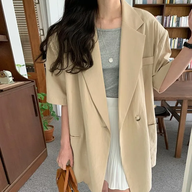 

New Suits Female Vintage Summer Notched Collar solid Women Blazer Breasted Jacket Casual Pockets Womens Suits Coat Blazers Suits